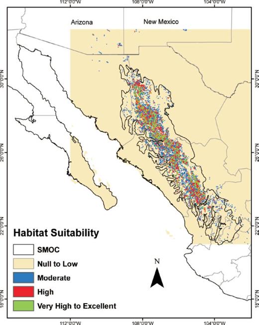 Habitat suitability (HS) for D. rhizophagus in the Sierra Madre Occidental, México modeled with ENFA.