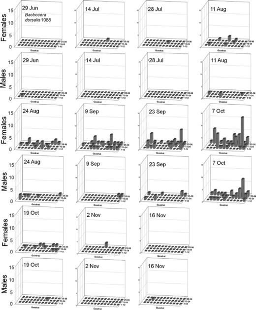 Spatial distribution patterns for female and male B. dorsalis in a commercial guava orchard during 1988.