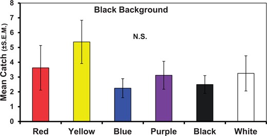 Numbers of D. suzukii captured on colored disks presented as a choice test with a black cage background. Bars topped with a common letter within a panel do not differ significantly at the 0.05 level. Vertical lines indicate SEM.