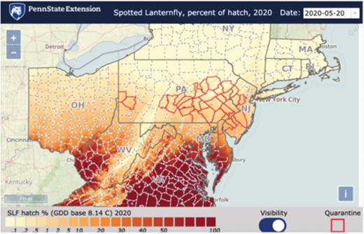 Screen shot of estimated spotted lanternfly cumulative percentage of hatch across the northeast and mid-Atlantic region on 5 May 2020. The prediction map interface is provided through the Penn State Extension software PestWatch (http://www.pestwatch.psu.edu/GDD/hatch_expert.html). This map used an ADD base temperature threshold of 8.14°C (Choi et al. 2012). Future maps will be adjusted using the combined model base temperature threshold of 10.4°C.