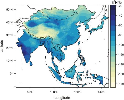 Expected wing δ 2H isoscape for Pantala flavescens in southeast Asia.