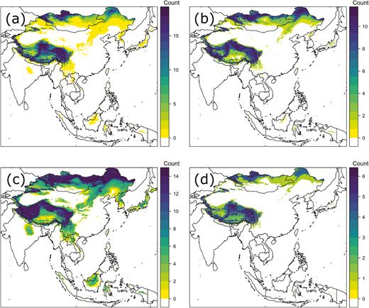 Probable origins of Pantala flavescens collected in 2016 at (a) Miyagi prefecture—11 August, (b) Saitama—25 August, (c) Shiga—7 September, and (d) Hokkaido—15 September. The legend indicates the number of individuals assigned to a given pixel consistent with the 2:1 odds criterion chosen (see Materials and Methods).