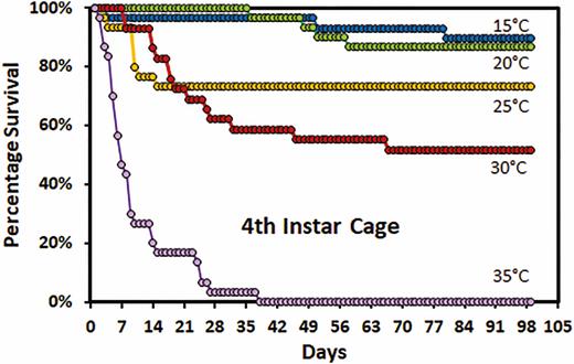 Survivorship curves for fourth instar Lycorma delicatula nymphs reared in cages by temperature.