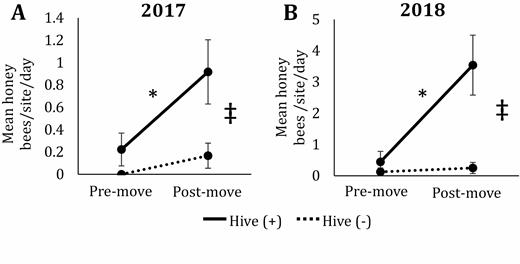 Mean abundance of honey bees captured in pan traps per site per date in 2017 (A) and 2018 (B) in prairies with (solid line) and without (dotted line) the presence of honey bee hives in central Iowa. Premove indicates collections made before hives were moved onto hive (+) sites and includes three dates during 2017 and 2018. Postmove indicates collections made after hives were moved onto hive (+) sites and includes three dates in 2017 and four dates in 2018. Results based on ANOVA and Tukey post hoc comparisons. Error bars represent one standard error of the mean. Asterisks signify significant differences (P < 0.05) between pre- and postmove within a hive presence treatment and the double cross indicates significant differences between hive presence treatments at pre- and postmove time points.