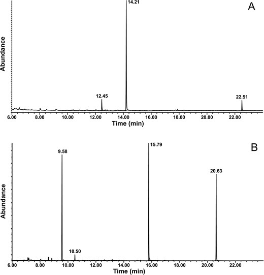 Representative total ion chromatograms of headspace extracts showing two major male-specific compounds for (A) Stizocera consobrina (retention times 12.45 and 14.21 min corresponding to 2-nonanone and semanopyrrole, respectively; peak at 22.51 min is a system contaminant), and (B) Heterachthes quadrimaculatus (retention times 9.58 and 15.79 min corresponding to 2-nonanone and 10-methyldodecanol, respectively, the internal standard eicosane at 20.63 min, and a system contaminant at 10.50 min).