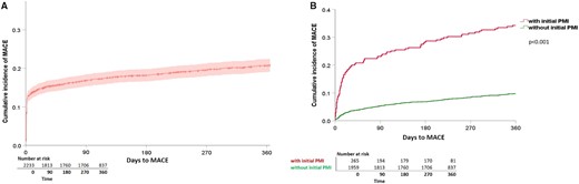 Cumulative incidence of MACE within 365 days of follow-up. Kaplan–Meier curves displaying the cumulative incidence of MACE within 365 days of follow-up for (A) all patients (n = 2265, 464 events), and (B) split for patients with PMI (n = 274 with 90 events in red), and without PMI (n = 1989 with 190 events in green). Differences between groups (with, and without PMI) were assessed using the log-rank test. MACE, major adverse cardiac events; PMI, perioperative myocardial injury/infarction.