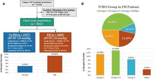 Flow diagram demonstrating study inclusion and exclusion criteria (A), with the prevalence of pulmonary hypertension per World Symposium on Pulmonary Hypertension criteria (estimated right ventricular systolic pressure >35 mmHg), associated in-hospital mortality in the right ventricular systolic pressure groups (P < 0.0001 between groups), and the World Health Organization classification of pulmonary hypertension aetiology among patients with pulmonary hypertension (B), with associated in-hospital mortality in the World Health Organization groups (P < 0.0001 between groups).