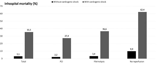 In-hospital mortality according to the initial reperfusion therapy and the presence of cardiogenic shock on admission.
