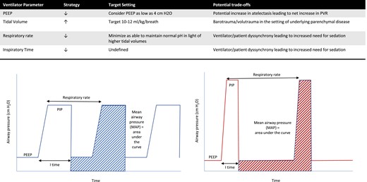 Select strategies to reduce pulmonary vascular resistance in mechanically ventilated patients with congenital heart disease. (Left) Lower inspiratory pressures leading to lower airways pressures. (Right) Lower respiratory rates with higher inspiratory pressures allowing the maintenance of normal pH and preventing atelectasis.