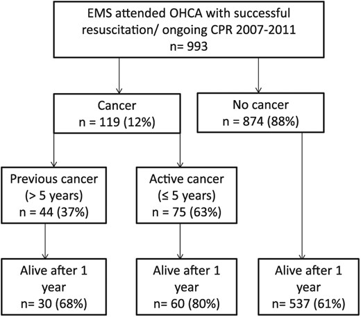Flow chart of included patients. All patients successfully resuscitated from OHCA and attended by the EMS in the greater Copenhagen area between 2007 and 2011.