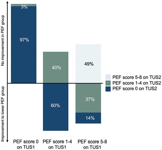 Change in PEF study group between TUS1 and TUS2 (n=108).