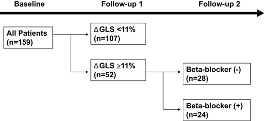 Study design. The study involved 159 patients who underwent conventional and strain echocardiography at baseline and two follow-ups. At the first follow-up, the patients with ΔGLS ≥11% were further divided into two groups (with or without beta-blocker). GLS, global longitudinal strain.