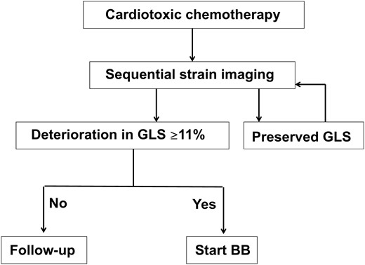 Proposed algorithm to guide cardioprotective therapy based on sequential evaluation of LV strain. Although findings of this study support the selection for treatment based on the findings of imaging surveillance, definitive prospective evaluation is required.