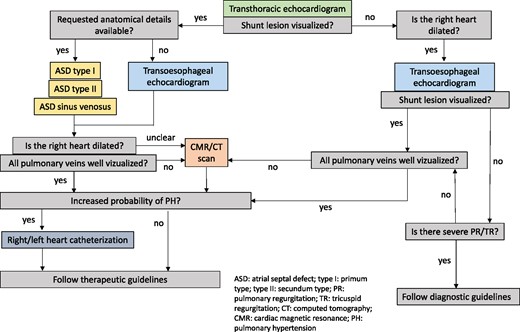 Diagnostic algorithm in suspected ASD. ASD, atrial septal defect; CT, computed tomography; CMR, cardiac magnetic resonance; PH, pulmonary hypertension; PR, pulmonary regurgitation; TR, tricuspid regurgitation.