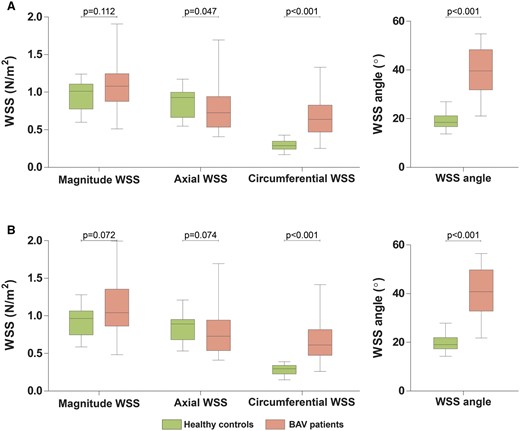 WSS comparing healthy controls with BAV patients. Boxplot graphs comparing average WSS measurements between healthy controls and BAV patients (A) in the proximal ascending aorta and (B) in the entire ascending aorta. BAV, bicuspid aortic valve; WSS, wall shear stress.