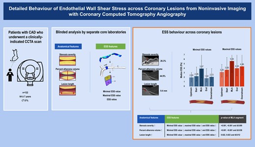 Schematic representation of the study design and patients (left panel), the comprehensive image analysis process including blinded analysis of anatomical and ESS features of coronary atherosclerosis (middle panel), and the patterns of ESS across lesions (right panel). Images are partly derived and adjusted from Ohayon et al., Biomechanics of coronary atherosclerotic plaque: from model to patient, Academic Press, 1st edition, chapter 9, page 207, copyright 2020 and Puchner et al., High-risk plaque detected on coronary CT angiography predicts acute coronary syndromes independent of significant stenosis in acute chest pain: results from the ROMICAT-II trial, Journal of the American College of Cardiology, volume 64, page 687, copyright 2014, both with permission from Elsevier.31,32 CAD, coronary artery disease; CCTA, coronary computed tomography angiography; ESS, endothelial wall shear stress.