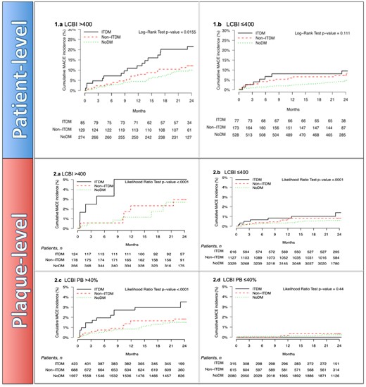 Patient-level cumulative incidence curves of NC-MACE comparing noDM, non-ITDM, and ITDM patients stratified by 1 (A) patient-level maxLCBI4 mm >400 and 1 (B) patient-level maxLCBI4 mm ≤400. Plaque-level incidence function curves of NC-MACE comparing DM status with NoDM, non-ITDM, and ITDM stratified by 2 (A) plaque-level of maxLCBI4 mm >400 and 2 (B) plaque-level of maxLCBI4 mm ≤400 over during follow-up. Cumulative incidence curves of NC-MACE of 2 (C) plaque-level of PB >40% and 2 (D) plaque-level of PB ≤40% over follow-up (24 months). DM, diabetes mellitus (includes ITDM + non-ITDM); ITDM, insulin-treated diabetic patients; NC-MACE, non-culprit major adverse cardiac events; noDM, non-diabetic patients; non-ITDM, non-insulin-treated diabetic patients.