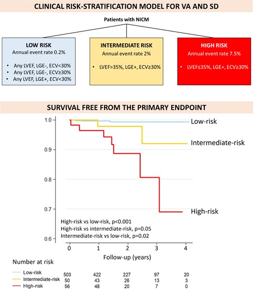 Clinical risk-stratification model. Schematic representation of the clinical risk-stratification model (upper panel). Kaplan–Meier curves for survival free from the combined arrhythmic endpoint, according to the clinical risk-stratification model (lower panel). P obtained with the log-rank test.