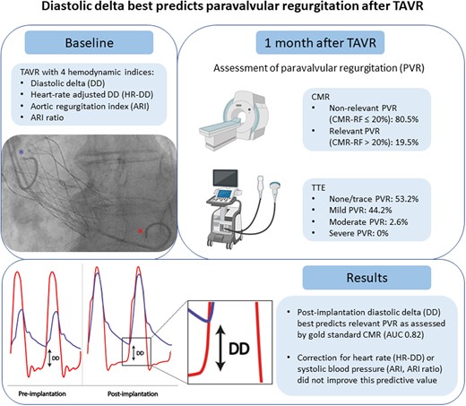 Schematic overview of the procedures and main results of the study. The blue and red asterisks denote pigtail catheters measuring pressure in the aorta and left ventricle, respectively. Haemodynamic indices were derived from these pressure measurements. AUC, area under the curve; CMR, cardiac magnetic resonance; TAVR, transcatheter aortic valve replacement; TTE, transthoracic echocardiography.
