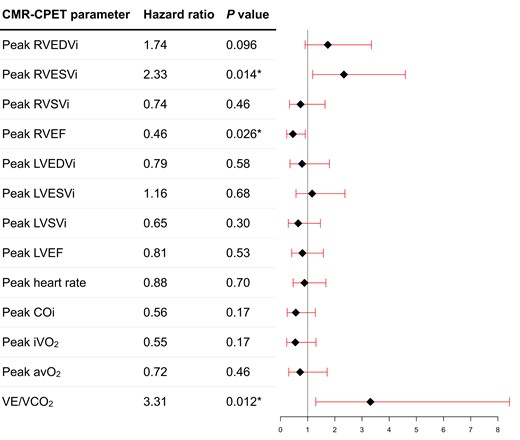 Forest plot of peak exercise CMR and CPET variables to predict all-cause mortality on univariable Cox regression analysis. Asterisk denotes statistically significant metrics (P < 0.05).