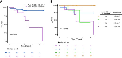 Kaplan–Meier plots showing: (A) survival curves for reduced and normal right ventricular contractile reserve groups, as defined by a peak RVESVi threshold of <39 mL/m2; (B) survival curves for four groups defined by all combinations of reduced and normal RV contractile reserve and intermediate-low/-high risk.