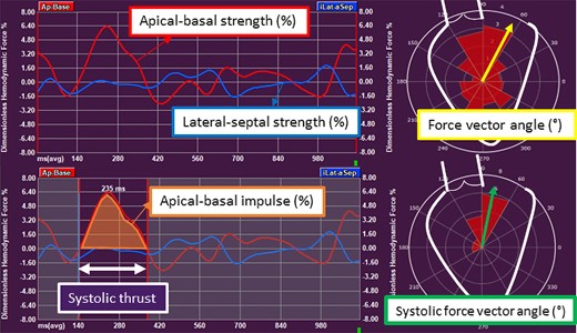 Haemodynamic force parameters in non-ischaemic cardiomyopathy. The apical–basal strength represents the magnitude of force in apical–basal direction. The lateral–septal strength indicates the magnitude of force in lateral–septal direction. The force vector angle of HDF in the complete heart cycle indicates the orientation of HDF. In the systolic thrust, the apical–basal impulse is the area under the curve in the systolic thrust and indicates the magnitude of force in apical–basal direction. The systolic force vector angle represents the orientation of force in the systolic thrust. AVC, aortic valve closure; AVO, aortic valve opening; HDF, haemodynamic forces; LV, left ventricular; MVC, mitral valve closure; MVO, mitral valve opening.