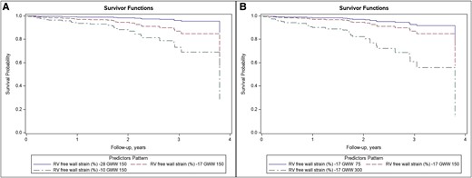 Kaplan–Meier curves according to two of the main predictor of prognosis according to the multivariable model (RV, right ventricular; GWW, global wasted work).