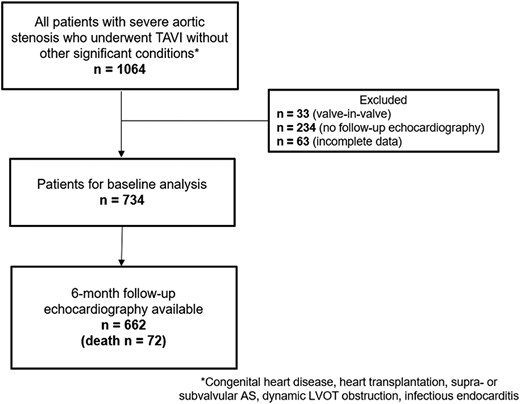 Patient inclusion flow-chart. AS, aortic stenosis; FU, follow-up; LVOT, left ventricular outflow tract; TAVI, transcatheter aortic valve implantation.