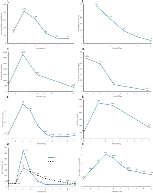 Graphs of laboratory values following steroid and IVIG treatment. Decreasing cardiac biomarker trends through Day 5: (A) high-sensitivity troponin; (B) CK-MB. Decreasing inflammatory markers through Day 9: (C) ferritin; (D) C-reactive protein; (E) procalcitonin; (F) D-dimer. Initial worsening then improvement through Day 9 of (G) hepatic function; (H) renal function.