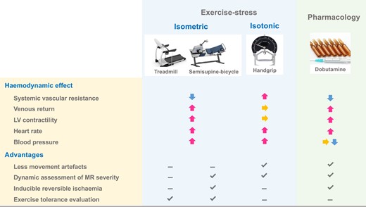 Comparisons of haemodynamic responses and advantages/disadvantages among various types of stress testing.