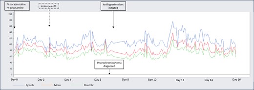 Cyclical arterial blood pressure spikes, at times reaching arterial blood pressure >130/80 mmHg despite severely impaired systolic function and poor cardiac output.