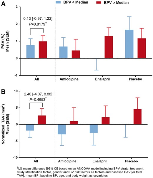 Change in PAV and normalized TAV by BPV strata overall and by treatment arm (NORMALISE, BPV, and IVUS evaluable population). PAV, percent atheroma volume; TAV, total atheroma volume; BPV, blood pressure variability; IVUS, intravascular ultrasound; NORMALISE, Norvasc for Regression of Manifest Atherosclerotic Lesions by Intravascular Sonographic Evaluation.