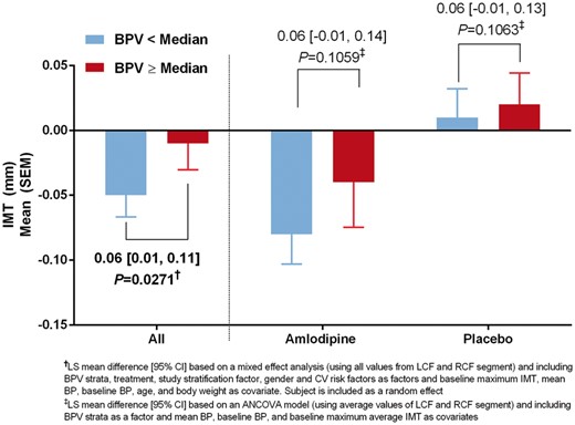 Change in maximum carotid IMT by BPV strata, overall and by treatment arm (PREVENT, BPV, and ultrasound evaluable population). IMT, intima-media thickness; BPV, blood pressure variability; PREVENT, Prospective Randomized Evaluation of the Vascular Effects of Norvasc Trial.