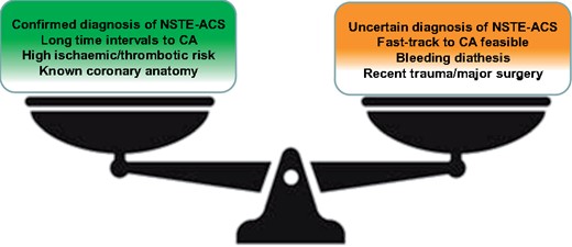 Factors favouring (green box) or opposing (red box) pre-treatment in non-ST-elevation-acute coronary syndromes. CA, coronary angiography.