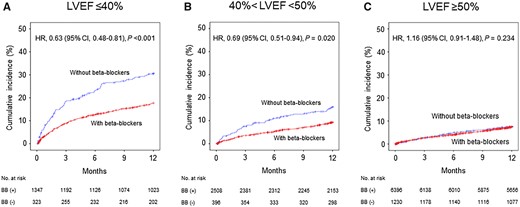 Unadjusted Kaplan–Meier curves and adjusted hazard ratios (HR) for 1-year major adverse cardiac events in the entire cohort with vs. without beta-blockers (BB) according to left ventricular ejection fraction (LVEF). (A) LVFE ≤40%; n = 1670 patients. (B) 40% <LVEF <50%; n = 2904 patients. (C) LVEF ≥50%; n = 7626 patients. CI, confidence interval.