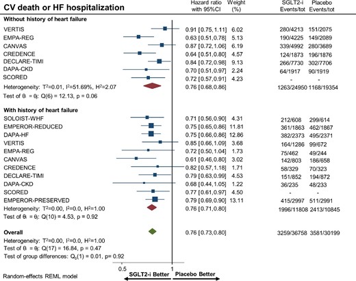 Forest plot of the primary composite outcome of cardiovascular death or hospitalization for heart failure among patients with and without a history of heart failure treated with sodium–glucose cotransporter 2 inhibitors vs. placebo. HF, heart failure; CI, confidence interval; CV, cardiovascular; and SGLT2-i, sodium–glucose cotransporter 2 inhibitor.