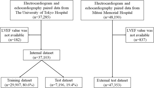 Data flow. Flowchart showing how the three datasets used for model training, evaluation and external validation were created. To avoid cross-contamination across the training and test datasets included the internal dataset, multiple data pairs from a single patient were included only within the same dataset. LVEF, left ventricular ejection fraction.