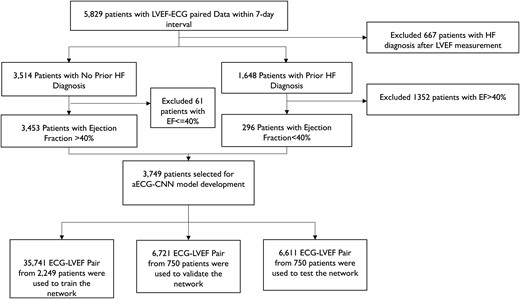 Dataset creation for the ambulatory electrocardiogram-convolutional neural network model development. Schematic indicates the strategy to obtain robust and reliable dataset for model development. To avoid cross-contamination, no patient data are repeated among training, validation, and testing datasets. *Patient count (n = 5829) selected based on several inclusion, exclusion criteria to ensure the quality of LVEF data as they are obtained from Optum® EHR and the dataset was captured in Optum® EHR via natural language processing of procedure/diagnostic notes and prone to natural language processing errors.
