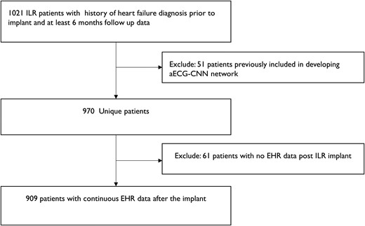 Schematic indicates the dataset selection for longitudinal analysis of ambulatory electrocardiogram-convolutional neural network algorithm to assess the increased risk of future heart failure events.