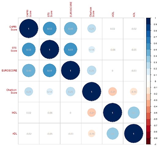 Correlations between calcification prognostic impact score, Society of Thoracic Surgeons score, Logistic Euroscore, Charlson score, instrumental activities of daily living, and activities of daily living scores in the Aortic Stenosis pooled cohort. The size and colour of each circle represent the direction and the strength of the correlation.