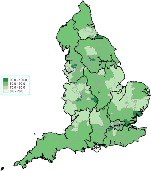Heat map of UK Clinical Commissioning Groups (CCGs) according to mean Opportunity Based Quality Indicator (OBQI) score. Opportunity based QI (The score consisted of six evidence-based processes of care: the prescription of aspirin, thienopyridine inhibitor, β-blocker, angiotensin converting enzyme inhibitor (ACEi), HMG CoA reductase enzyme inhibitor (statin) and enrolment onto a cardiac rehabilitation programme at the time of discharge). The OBCS reflects the number of care opportunities fulfilled at each hospital (numerator) divided by the number of opportunities to provide care (denominator). Excluded from both numerator and denominator were interventions that were contra-indicated, not applicable, not indicated in, or declined by, individual patients.