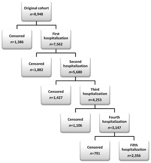 Number of patients and outcomes according to the number of the hospitalization event.