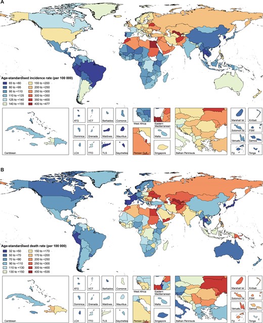 Age-standardized incidence (A) and death (B) rates of ischaemic heart disease across 195 countries and territories for both sexes, 2017. ATG, Antigua and Barbuda; FSM, Federated States of Micronesia; Isl, Islands; LCA, Saint Lucia; TLS, Timor-Leste; TTO, Trinidad and Tobago; VCT, Saint Vincent and the Grenadines.