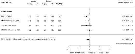 Hazard of all-cause mortality. REML, restricted maximum likelihood. Q = Cochran's Q level of heterogeneity; df = degrees of freedom.