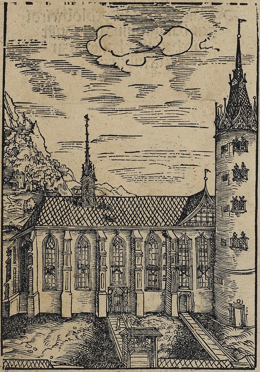 The church in 1509. Lucas Cranach, Dye zaigung des hochlobwirdigen hailigthums der stifftkirchen aller hailigen zu Wittenburg (Wittenberg, 1509). © The Trustees of the British Museum.