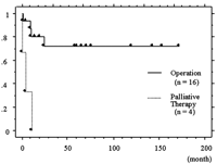 Survival curves for patients with primary tracheal cancer who did and did not receive surgical treatment. The patients who underwent operation had a better survival rate than those who received palliative therapy.
