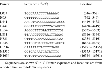 Oligonucleotide primers used for PCR amplification of human mitochondrial DNA