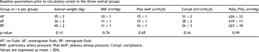 Baseline parameters prior to circulatory arrest in the three animal groups
