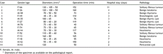Characteristics of patients operated on from a bulky intrathoracic tumour by video-assisted thoracic surgery