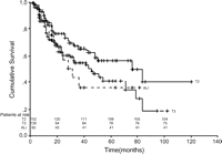 Survival curves of NSCLC patients staged as T2, T3, and with adjacent lobe invasion (ALI, NSCLC with adjacent lobe invasion).